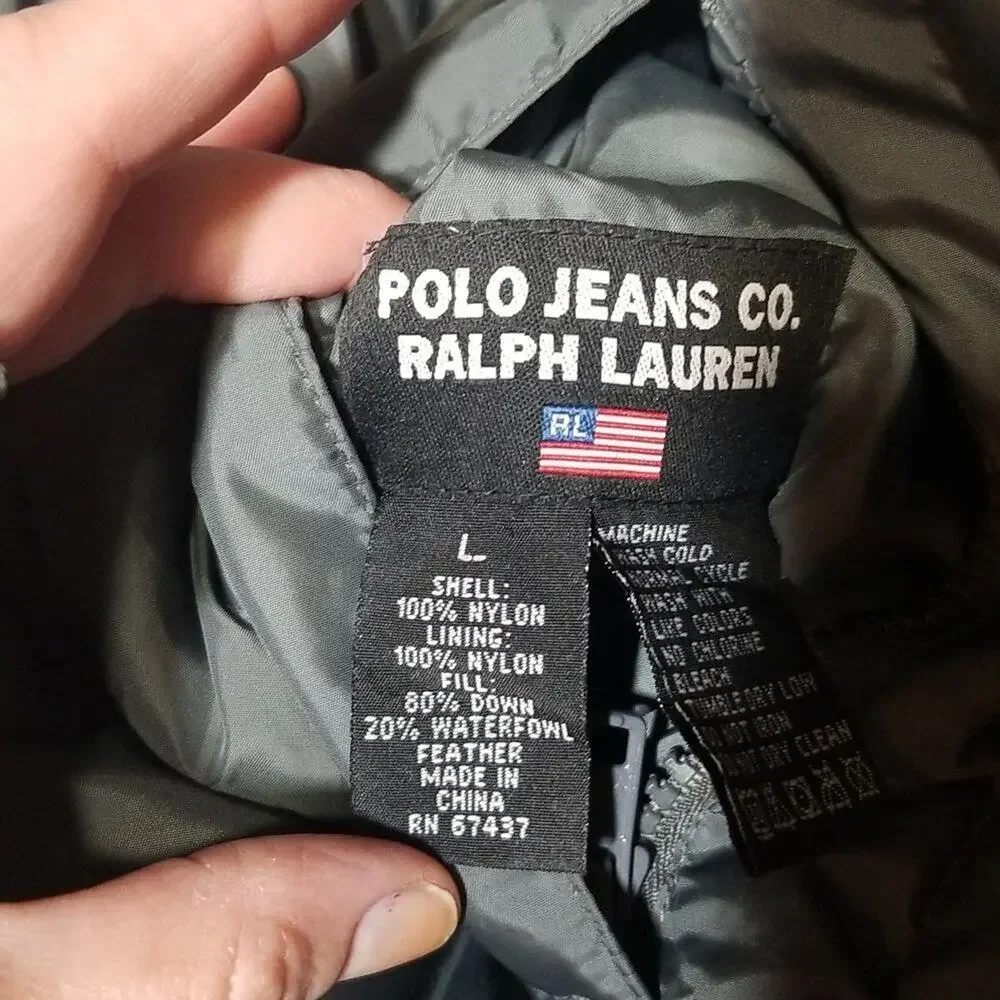 Vintage Polo Jeans Ralph Lauren Grey Quilted Down Reversible Puffer Coat